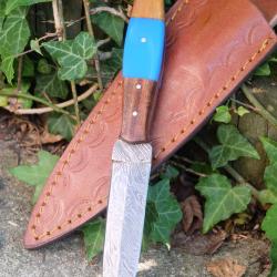 Couteau de Chasse Dague Damas Lame Acier 256 Couches Manche Bois/Résine Fabric Artisanale Etui Cuir