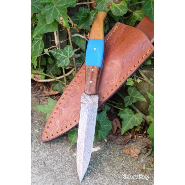 Couteau de Chasse Dague Damas Lame Acier 256 Couches Manche Bois/Rsine Fabric Artisanale Etui Cuir