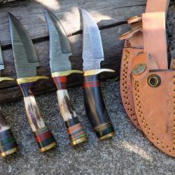 LOT DE 4 Couteau Skinner Damas Lame 256 Couches Manche Corne & Bois Cerf Fabric Artisanale Etui Cuir