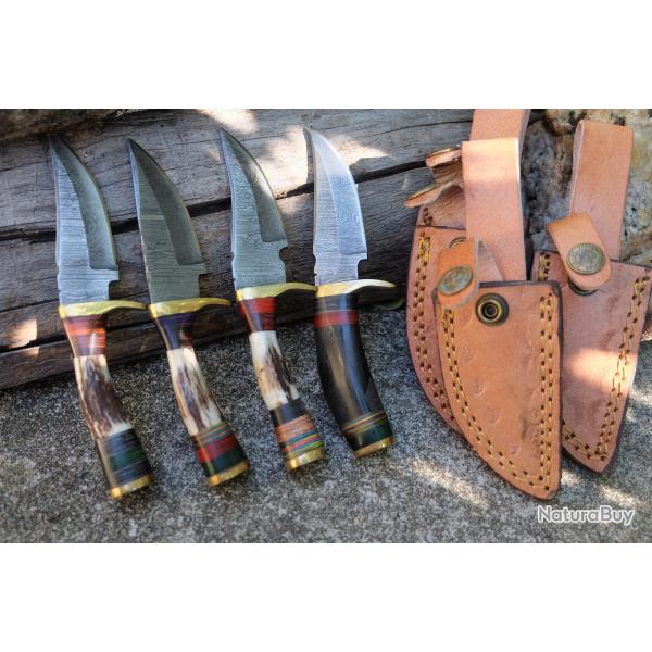 LOT DE 4 Couteau Skinner Damas Lame 256 Couches Manche Corne & Bois Cerf Fabric Artisanale Etui Cuir
