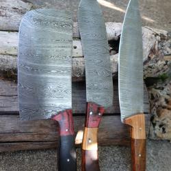 Lot de 3 Couteau de cuisine Kiritsuke + Chef Damas Lame 256 Couches Manche Bois Fabric Artisanale