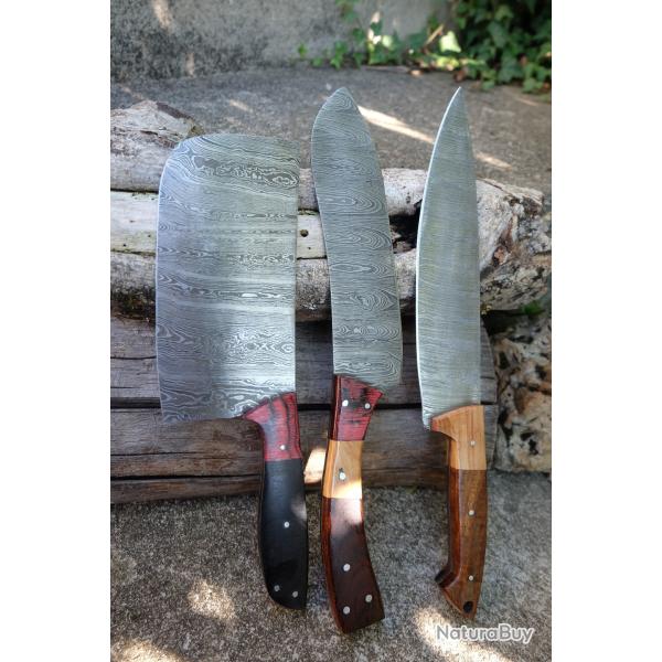 Lot de 3 Couteau de cuisine Kiritsuke + Chef Damas Lame 256 Couches Manche Bois Fabric Artisanale