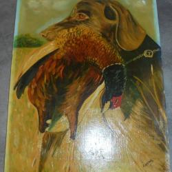 VINTAGE ANCIEN TABLEAU PEINTURE CHIEN de CHASSE FAISAN Signé SPINOSI
