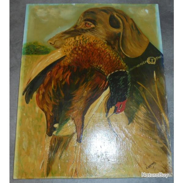 VINTAGE ANCIEN TABLEAU PEINTURE CHIEN de CHASSE FAISAN Sign SPINOSI