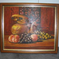 TABLEAU PEINTURE NATURE MORTE HUILE sur BOIS Fruits PECHE RAISIN