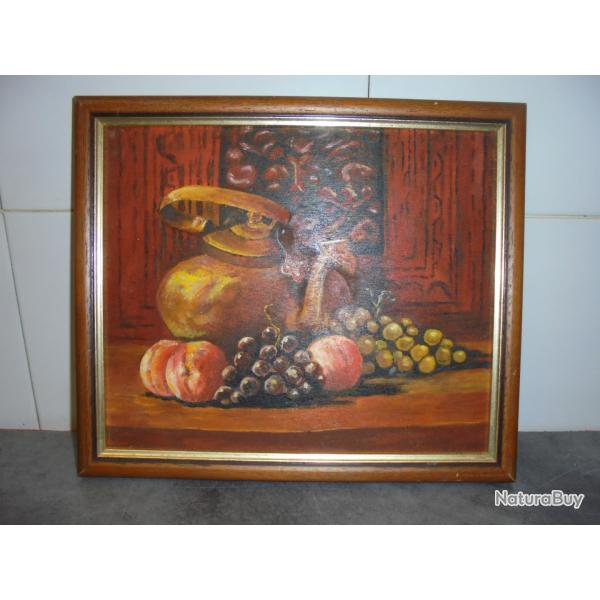 TABLEAU PEINTURE NATURE MORTE HUILE sur BOIS Fruits PECHE RAISIN