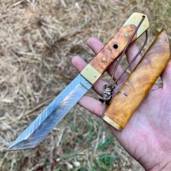 Couteau lame fixe damas Tanto japonais bois stabilisé étui intégral custom collection #310