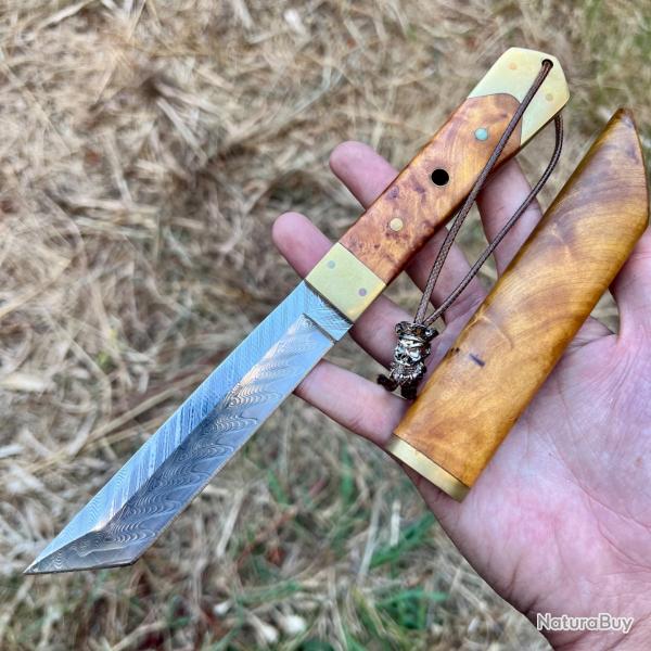 Couteau lame fixe damas Tanto japonais bois stabilis tui intgral custom collection #310