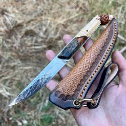 Magnifique petit couteau lame fixe acier damas luxe bois stabilisé avec son étui custom #309