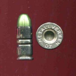 9 mm Browning Long - RARE inerte de manipulation militaire suédoise - marqage : METALLWERKEN 07