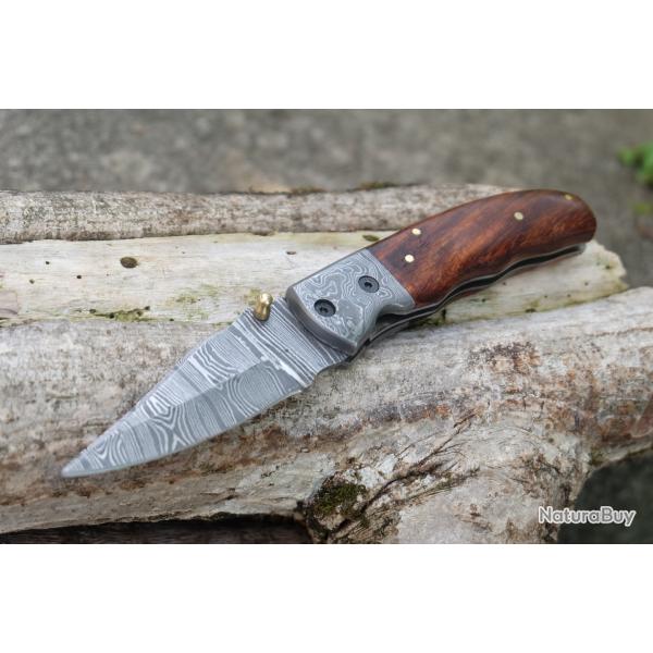 Beau Couteau Damas Lame 128 Couches Manche Bois Mitres Damas Fab Artisanale Linerlock