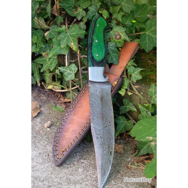 Couteau Bowie Damas Lame Clip Point Acier 256 Couches Manche Bois/Acier Etui Cuir Fab Artisanale