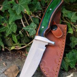 Couteau De Chasse Skinner Lame Acier Carbone 1055 Manche Bois Caméléon Etui Cuir Fab Artisanale