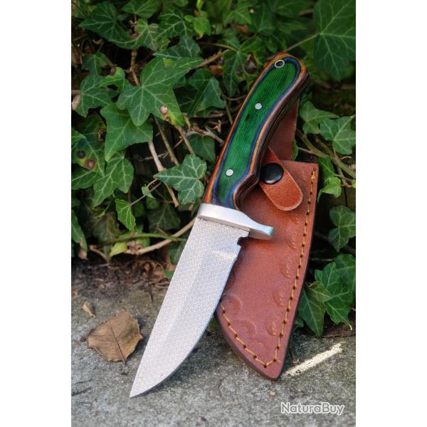 Couteau De Chasse Skinner Lame Acier Carbone 1055 Manche Bois Camlon Etui Cuir Fab Artisanale
