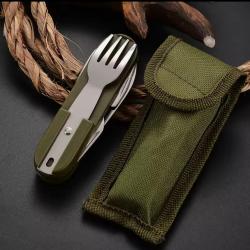 Couverts de Camping en Acier Inoxydable, Couteau Pliant, Fourchette, cuillère , 7 en 1