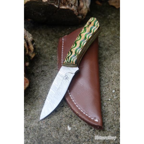 Couteau de Poche Skinner Damas Lame Acier 256 Couches Manche Bois 3D Etui Cuir Fab Artisanale