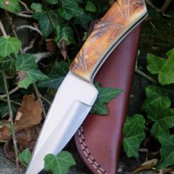 Couteau De Chasse Skinner Bushcraft Lame Acier Carbone 1055 Manche Os Cerfé Etui Cuir Fab Artisanale