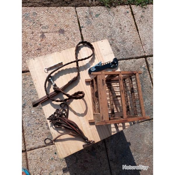 Lot chasse porte gibier + laisse en cuir +Sifflet pour chien +tire bouchon + cage