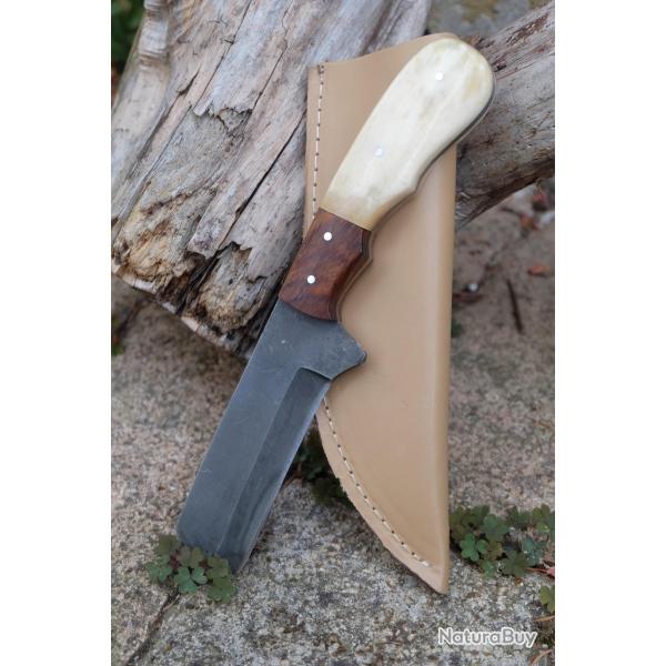 Couteau Skinner Lame Rasoir Acier Carbone 1055 Manche Os & Bois Etui Simili Fabrication Artisanale