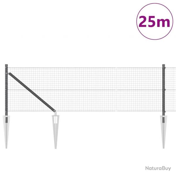 Clture en fil soud avec 13 poteaux d'ancrage gris 0,8 x 25 m en acier