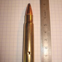 une cartouche de 376 Steyr de marque Hornady, neutralisée pour collection