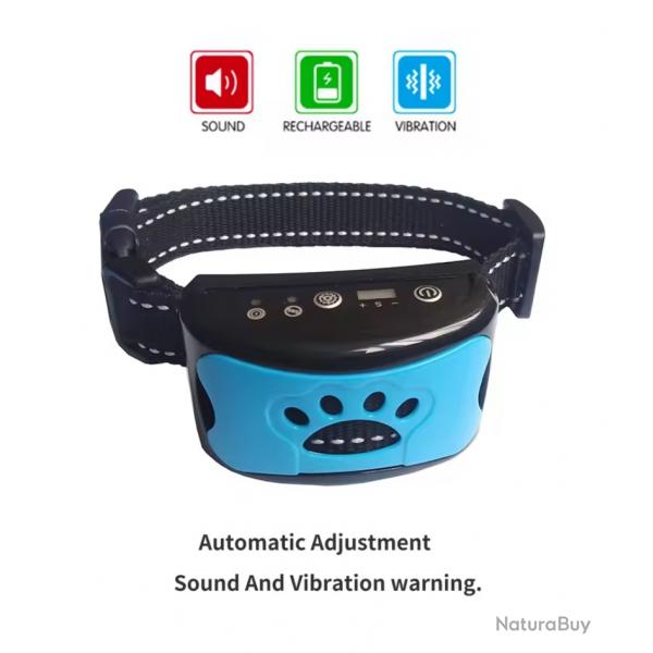 Collier Anti-Aboiement pour Chien Rechargeable USB 7 Niveaux Vibration Son Bleu