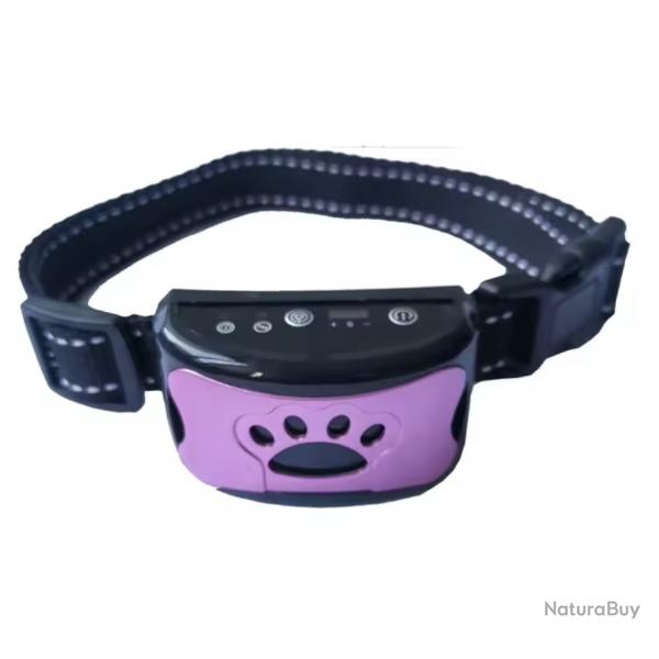 Collier Anti-Aboiement pour Chien Rechargeable USB 7 Niveaux Vibration Son Violet