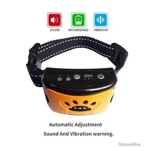 Collier Anti-Aboiement pour Chien Rechargeable USB 7 Niveaux Vibration Son Orange