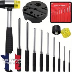 Set de 9 poinçons chasse-goupilles meca indus + Marteau + Bloc spécial armes - Stock France