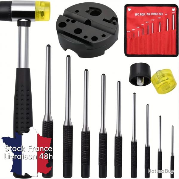 Set de 9 poinons chasse-goupilles meca indus + Marteau + Bloc spcial armes - Stock France