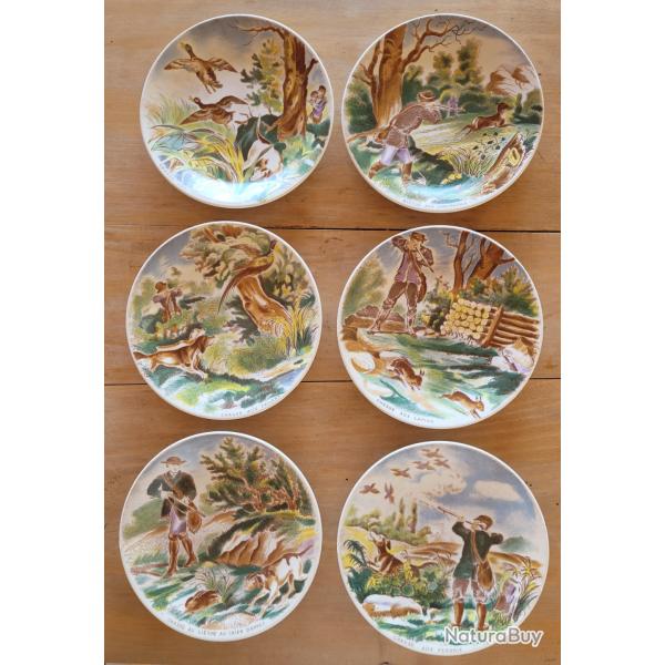 Lot de 6 Assiettes Dcor de Chasse Faience de Sarreguemines