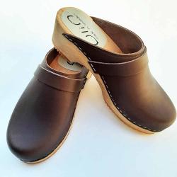 Sabots pour femme suédois bois et cuir tannage végétal 39 cuir choco VEG