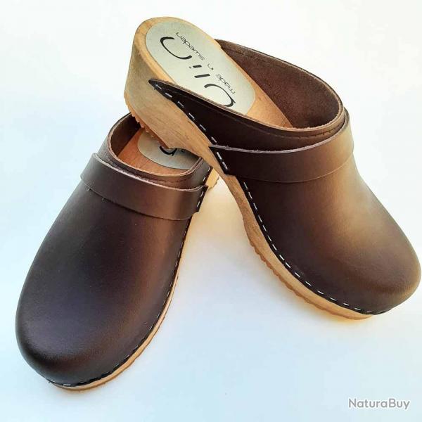 Sabots pour femme sudois bois et cuir tannage vgtal 39 cuir choco VEG