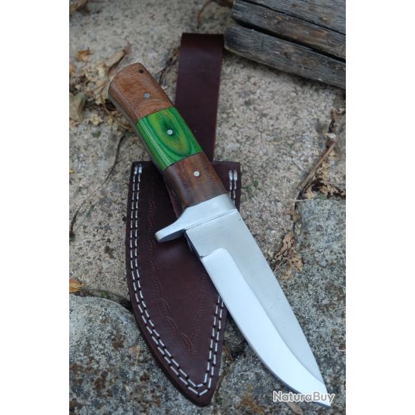 Poignard Bushcraft Couteau de Chasse Survie Lame Carbone 1055 Manche Bois/Acier Etui Cuir F Artisan