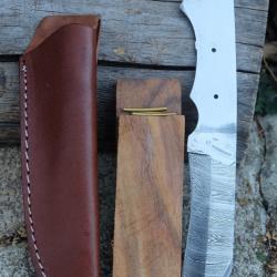 Lame Clip Point Damas 256 Couches Lame A Customiser Le Manche Plaquettes Bois + Etui Cuir Artisan 01