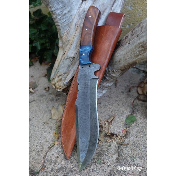 Couteau de Chasse Trakker Damas Lame 256 Couches Manche Bois Rosewood Fabr Artisanale Etui Cuir