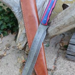 Grand Couteau Gaucho Argentin Lame Acier Damas 256 Couches Manche Bois Etui Cuir Fabric Artisanale