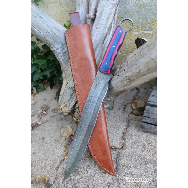 Grand Couteau Gaucho Argentin Lame Acier Damas 256 Couches Manche Bois Etui Cuir Fabric Artisanale