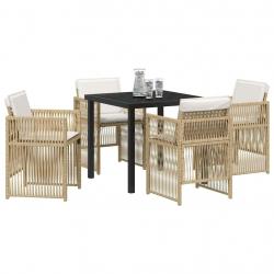 Ensemble de salle à manger de jardin 5 pièces avec coussins en poly rattan beige.