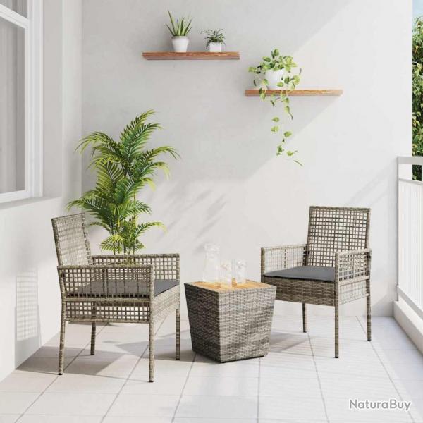 Ensemble Bistro de Jardin 3 Pices avec Coussins Gris en Poly Rattan