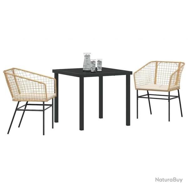 Ensemble de salle  manger de jardin 3 pices avec coussins, en poly rotin marron.