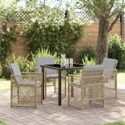 Ensemble de repas de jardin 5 pièces avec coussins beige en poly rattan