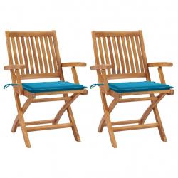 Chaises de jardin lot de 2 et coussins bleu Bois de teck massif