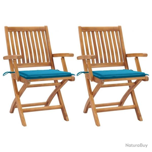 Chaises de jardin lot de 2 et coussins bleu Bois de teck massif