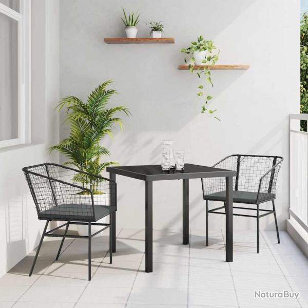 Ensemble de salle  manger de jardin 3 pices avec des coussins en polyrotin noir.
