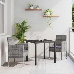 Ensemble de salle à manger de jardin 3 pièces avec coussins gris en poly rattan.