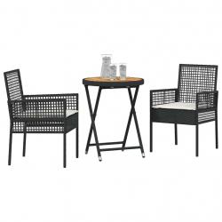 Ensemble Bistro de Jardin 3 pièces avec Coussins en Poly Rattan Noir