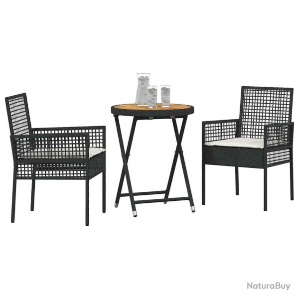 Ensemble Bistro de Jardin 3 pices avec Coussins en Poly Rattan Noir