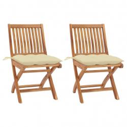 Chaises de jardin lot de 2 et coussins blanc crème Teck massif