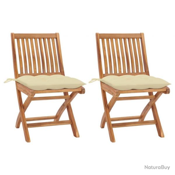 Chaises de jardin lot de 2 et coussins blanc crme Teck massif
